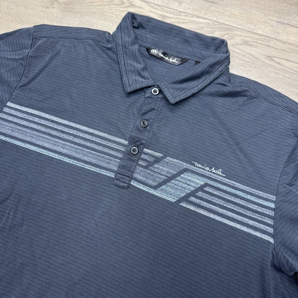 Travis Mathew Black‎ Gray Striped Polo Shirt Men's Sz XL Golf Casual stain Prep